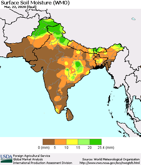 Southern Asia Surface Soil Moisture (WMO) Thematic Map For 3/16/2020 - 3/22/2020