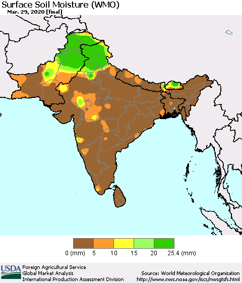 Southern Asia Surface Soil Moisture (WMO) Thematic Map For 3/23/2020 - 3/29/2020