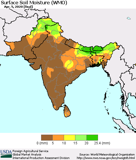 Southern Asia Surface Soil Moisture (WMO) Thematic Map For 3/30/2020 - 4/5/2020