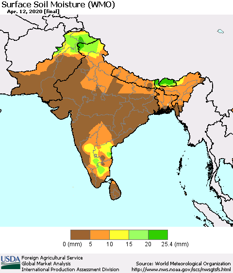 Southern Asia Surface Soil Moisture (WMO) Thematic Map For 4/6/2020 - 4/12/2020