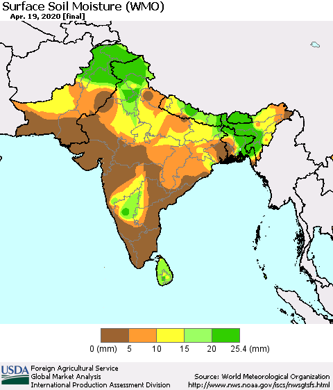 Southern Asia Surface Soil Moisture (WMO) Thematic Map For 4/13/2020 - 4/19/2020