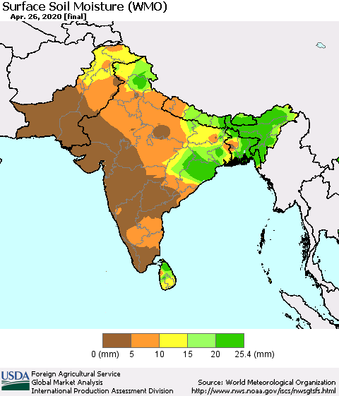Southern Asia Surface Soil Moisture (WMO) Thematic Map For 4/20/2020 - 4/26/2020