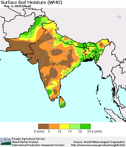 Southern Asia Surface Soil Moisture (WMO) Thematic Map For 4/27/2020 - 5/3/2020