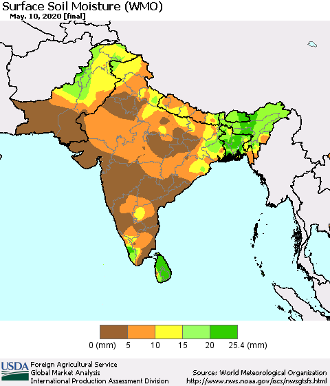 Southern Asia Surface Soil Moisture (WMO) Thematic Map For 5/4/2020 - 5/10/2020