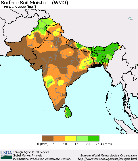 Southern Asia Surface Soil Moisture (WMO) Thematic Map For 5/11/2020 - 5/17/2020