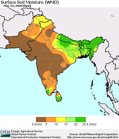 Southern Asia Surface Soil Moisture (WMO) Thematic Map For 5/18/2020 - 5/24/2020