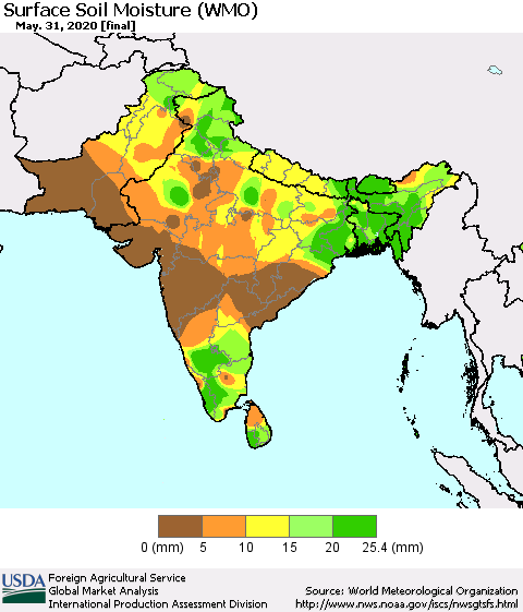 Southern Asia Surface Soil Moisture (WMO) Thematic Map For 5/25/2020 - 5/31/2020