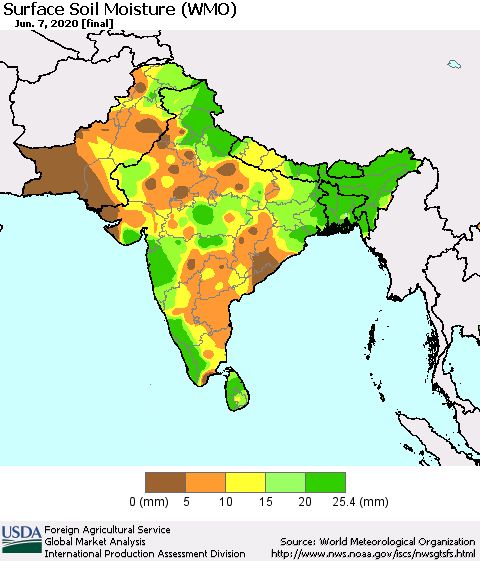 Southern Asia Surface Soil Moisture (WMO) Thematic Map For 6/1/2020 - 6/7/2020
