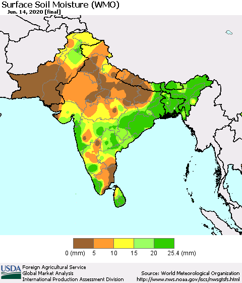 Southern Asia Surface Soil Moisture (WMO) Thematic Map For 6/8/2020 - 6/14/2020