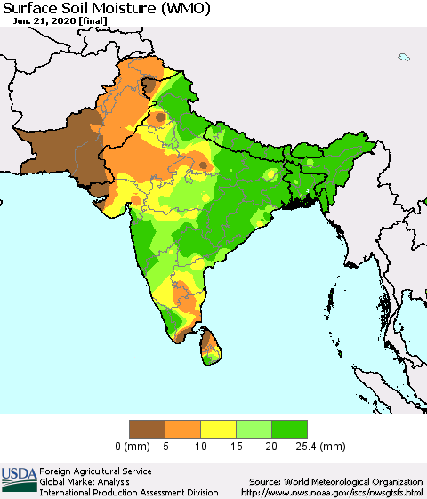 Southern Asia Surface Soil Moisture (WMO) Thematic Map For 6/15/2020 - 6/21/2020