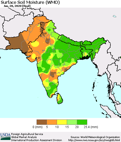 Southern Asia Surface Soil Moisture (WMO) Thematic Map For 6/22/2020 - 6/28/2020