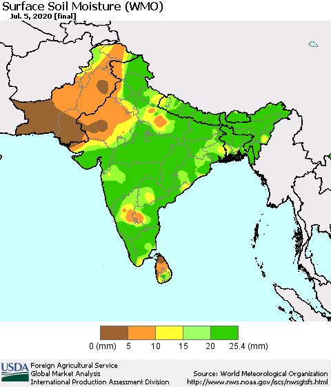 Southern Asia Surface Soil Moisture (WMO) Thematic Map For 6/29/2020 - 7/5/2020