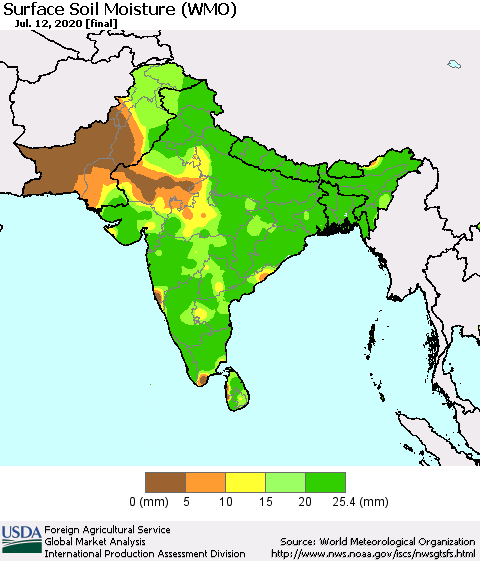 Southern Asia Surface Soil Moisture (WMO) Thematic Map For 7/6/2020 - 7/12/2020