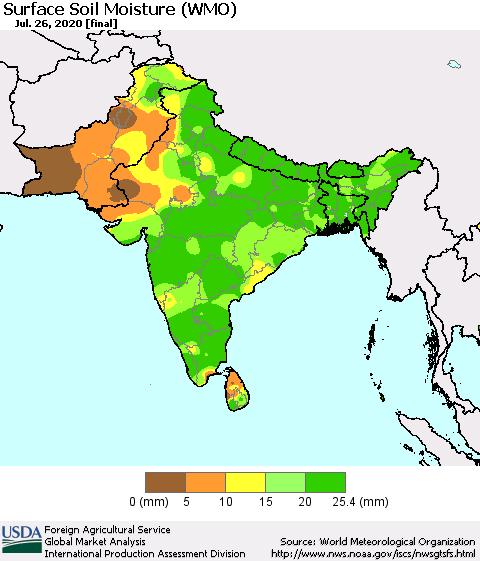 Southern Asia Surface Soil Moisture (WMO) Thematic Map For 7/20/2020 - 7/26/2020
