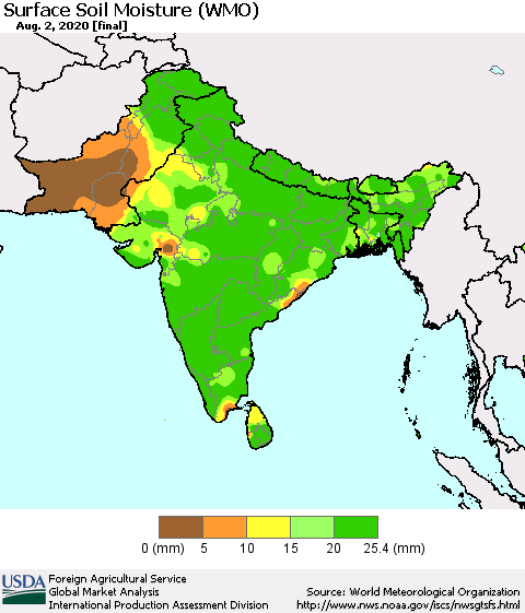 Southern Asia Surface Soil Moisture (WMO) Thematic Map For 7/27/2020 - 8/2/2020