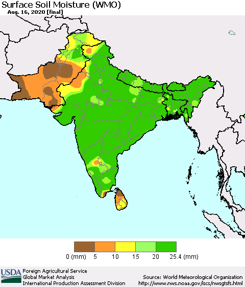 Southern Asia Surface Soil Moisture (WMO) Thematic Map For 8/10/2020 - 8/16/2020