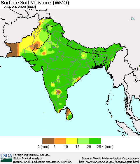 Southern Asia Surface Soil Moisture (WMO) Thematic Map For 8/17/2020 - 8/23/2020