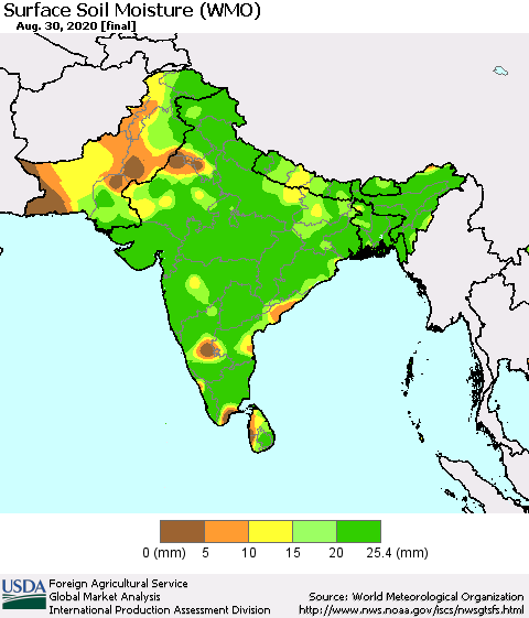 Southern Asia Surface Soil Moisture (WMO) Thematic Map For 8/24/2020 - 8/30/2020