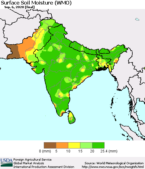 Southern Asia Surface Soil Moisture (WMO) Thematic Map For 8/31/2020 - 9/6/2020
