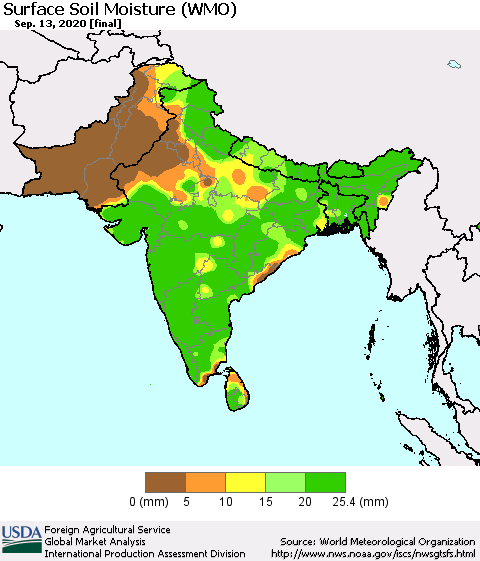 Southern Asia Surface Soil Moisture (WMO) Thematic Map For 9/7/2020 - 9/13/2020