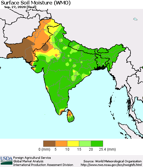 Southern Asia Surface Soil Moisture (WMO) Thematic Map For 9/21/2020 - 9/27/2020