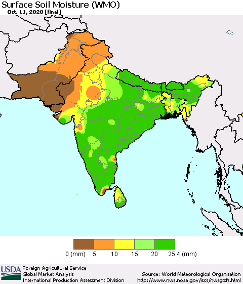 Southern Asia Surface Soil Moisture (WMO) Thematic Map For 10/5/2020 - 10/11/2020