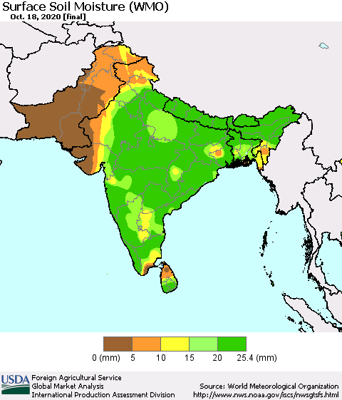 Southern Asia Surface Soil Moisture (WMO) Thematic Map For 10/12/2020 - 10/18/2020