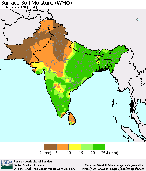Southern Asia Surface Soil Moisture (WMO) Thematic Map For 10/19/2020 - 10/25/2020