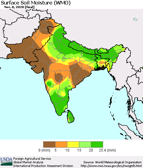 Southern Asia Surface Soil Moisture (WMO) Thematic Map For 11/2/2020 - 11/8/2020