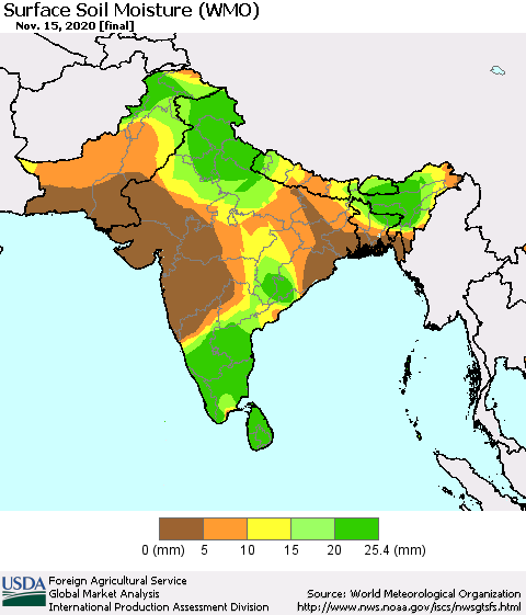 Southern Asia Surface Soil Moisture (WMO) Thematic Map For 11/9/2020 - 11/15/2020