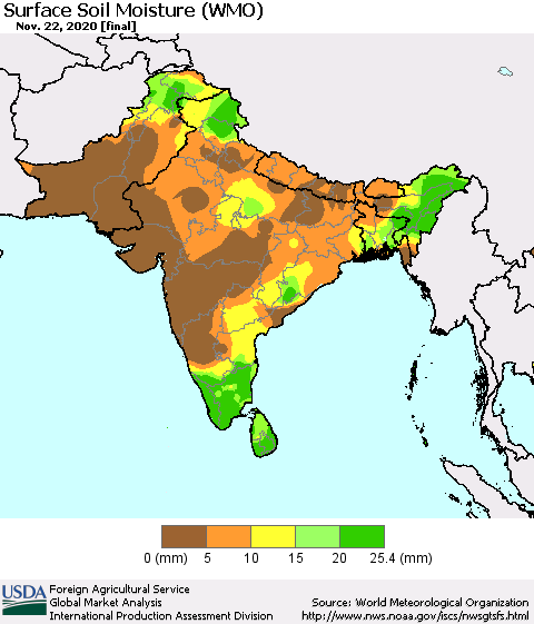 Southern Asia Surface Soil Moisture (WMO) Thematic Map For 11/16/2020 - 11/22/2020