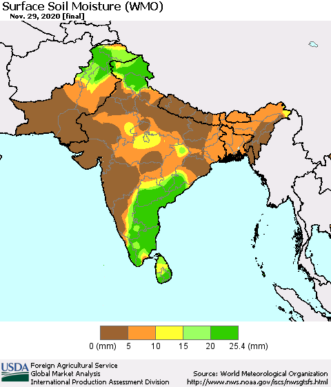 Southern Asia Surface Soil Moisture (WMO) Thematic Map For 11/23/2020 - 11/29/2020
