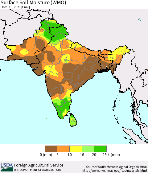 Southern Asia Surface Soil Moisture (WMO) Thematic Map For 12/7/2020 - 12/13/2020