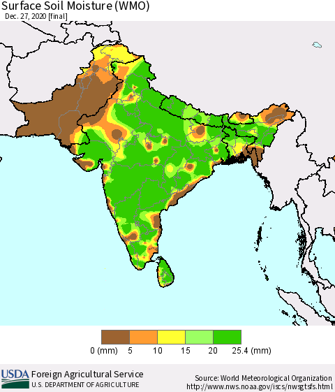 Southern Asia Surface Soil Moisture (WMO) Thematic Map For 12/21/2020 - 12/27/2020
