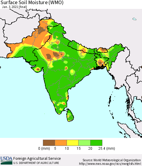 Southern Asia Surface Soil Moisture (WMO) Thematic Map For 12/28/2020 - 1/3/2021