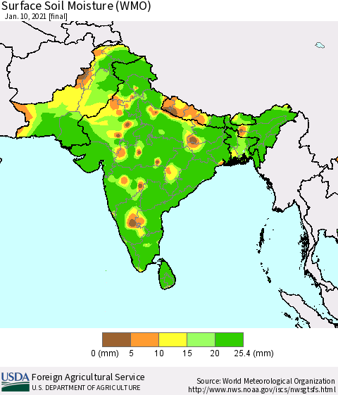 Southern Asia Surface Soil Moisture (WMO) Thematic Map For 1/4/2021 - 1/10/2021