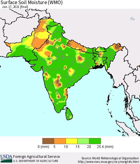 Southern Asia Surface Soil Moisture (WMO) Thematic Map For 1/11/2021 - 1/17/2021