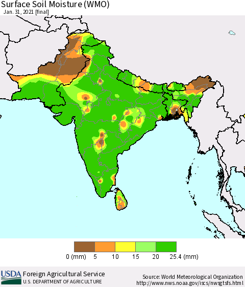 Southern Asia Surface Soil Moisture (WMO) Thematic Map For 1/25/2021 - 1/31/2021