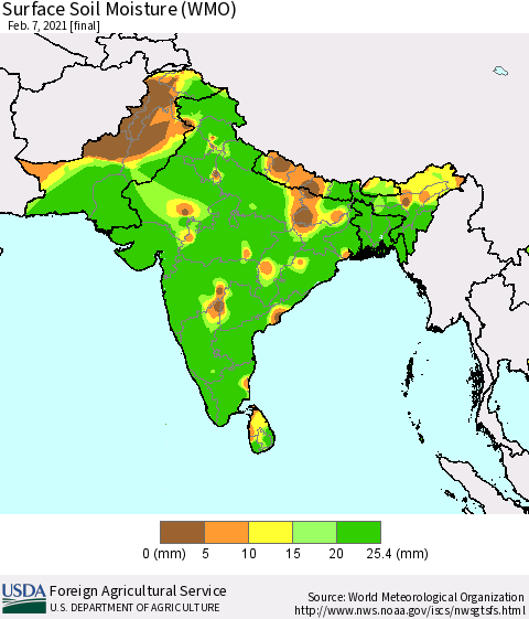 Southern Asia Surface Soil Moisture (WMO) Thematic Map For 2/1/2021 - 2/7/2021