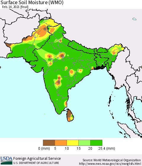 Southern Asia Surface Soil Moisture (WMO) Thematic Map For 2/8/2021 - 2/14/2021