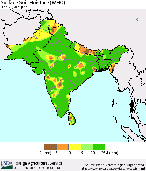Southern Asia Surface Soil Moisture (WMO) Thematic Map For 2/15/2021 - 2/21/2021