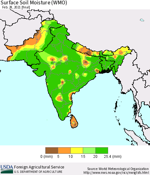 Southern Asia Surface Soil Moisture (WMO) Thematic Map For 2/22/2021 - 2/28/2021