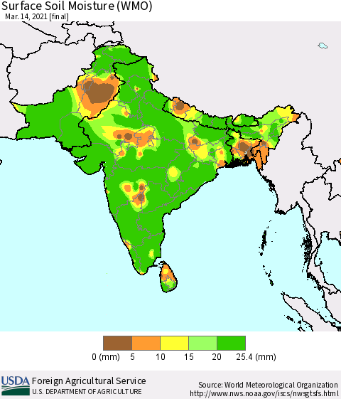 Southern Asia Surface Soil Moisture (WMO) Thematic Map For 3/8/2021 - 3/14/2021
