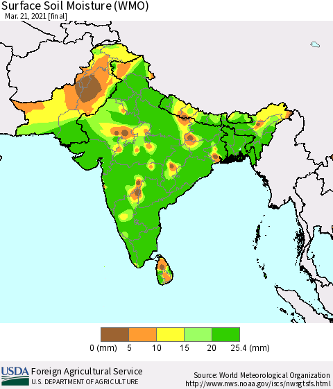 Southern Asia Surface Soil Moisture (WMO) Thematic Map For 3/15/2021 - 3/21/2021