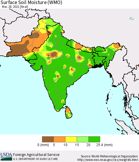 Southern Asia Surface Soil Moisture (WMO) Thematic Map For 3/22/2021 - 3/28/2021