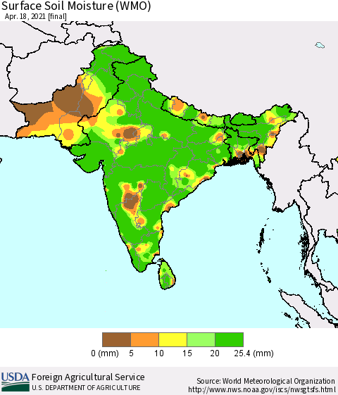 Southern Asia Surface Soil Moisture (WMO) Thematic Map For 4/12/2021 - 4/18/2021