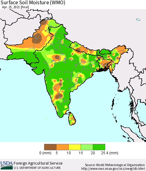 Southern Asia Surface Soil Moisture (WMO) Thematic Map For 4/19/2021 - 4/25/2021