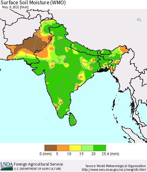 Southern Asia Surface Soil Moisture (WMO) Thematic Map For 5/3/2021 - 5/9/2021