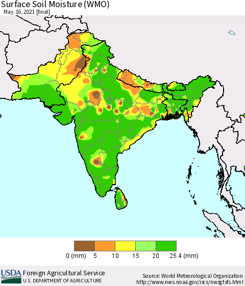 Southern Asia Surface Soil Moisture (WMO) Thematic Map For 5/10/2021 - 5/16/2021