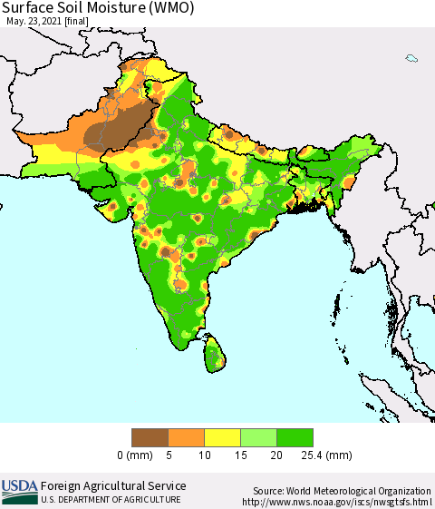 Southern Asia Surface Soil Moisture (WMO) Thematic Map For 5/17/2021 - 5/23/2021